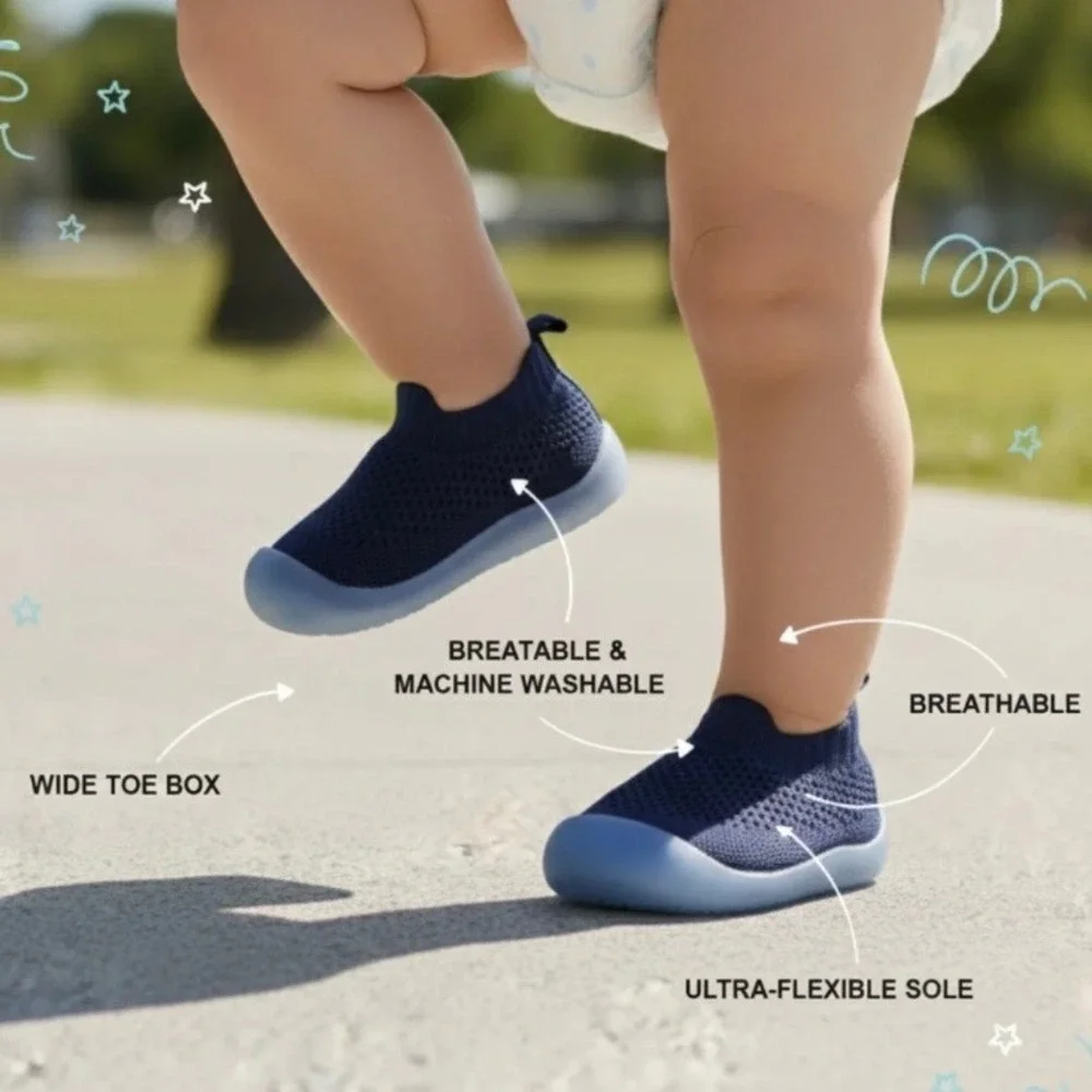HuggingBub Baby Walking Shoes 12-18M Blue Knit Flexible Sole New